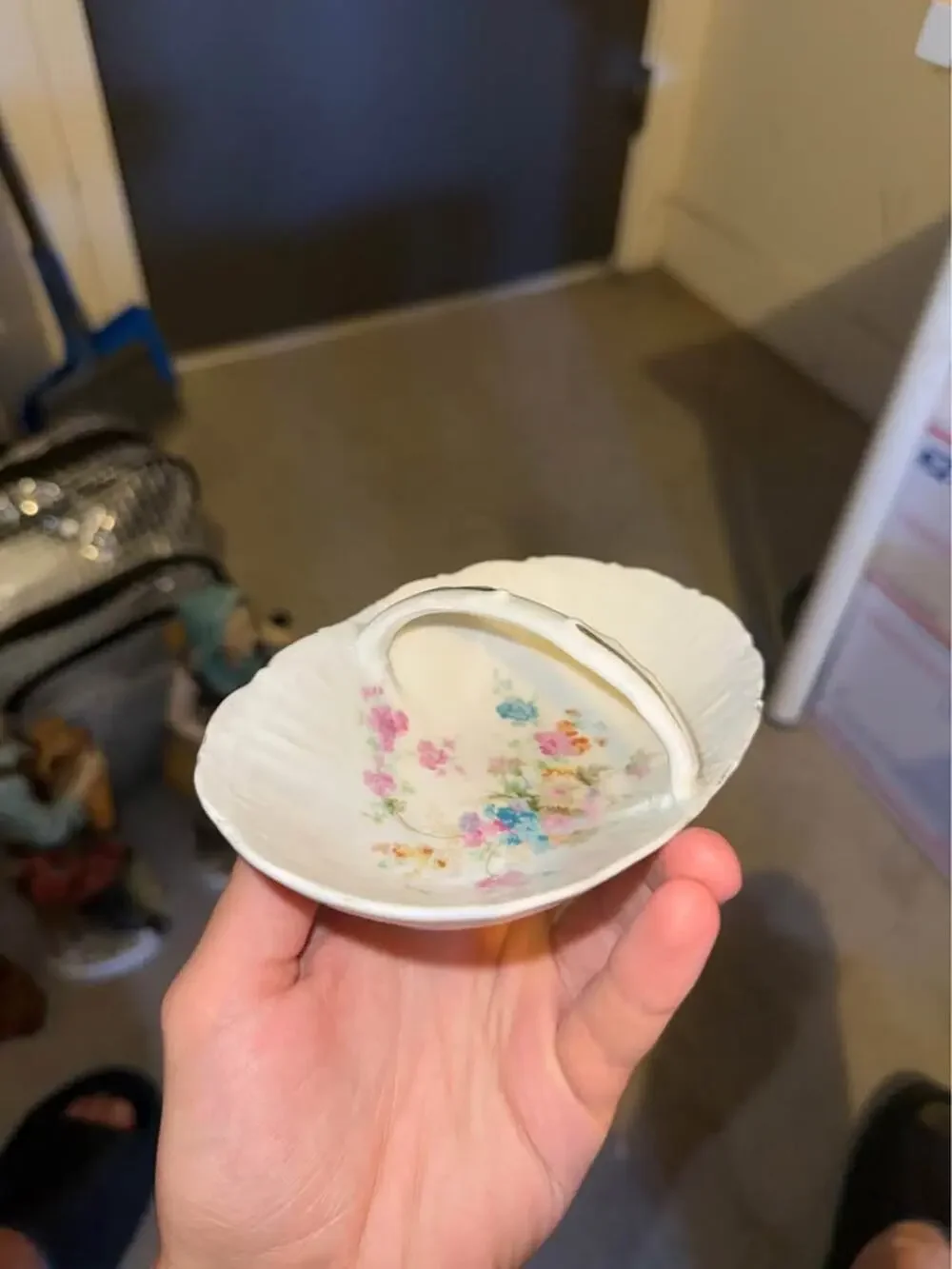 Vintage Fine China Basket With Handle, colored flower Pattern